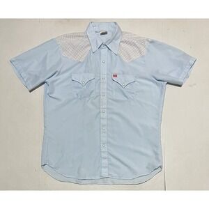 Vintage ELY Wagon Boss Western Shirt Large Blue Pearl Snap Plaid Yoke USA